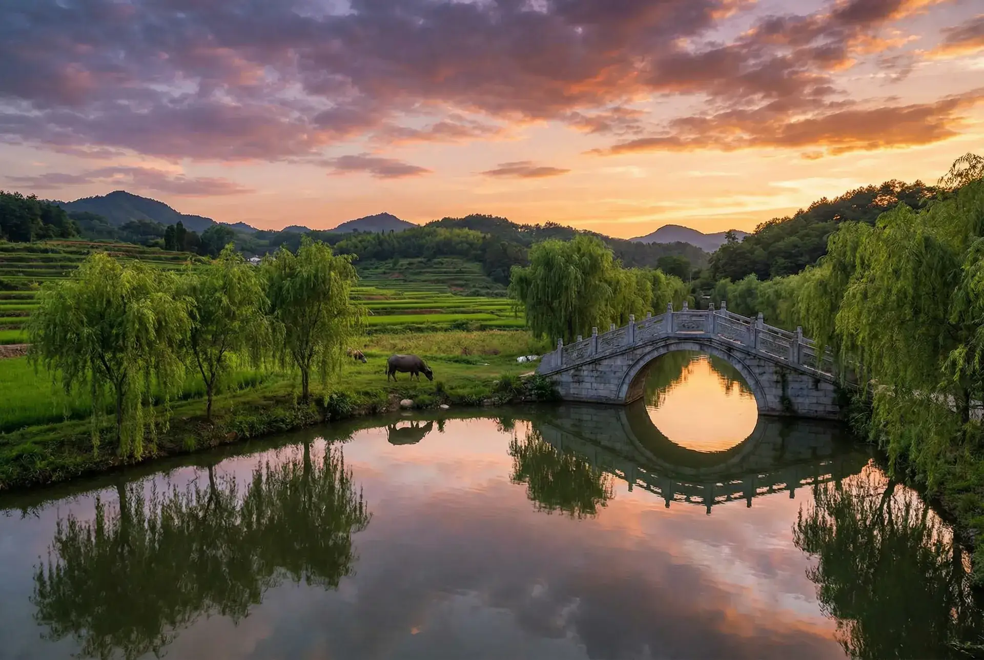 夕阳下的石拱桥与垂柳，水牛在河边吃草 - 你的目光所及之处韩剧在线观看 乡村美景